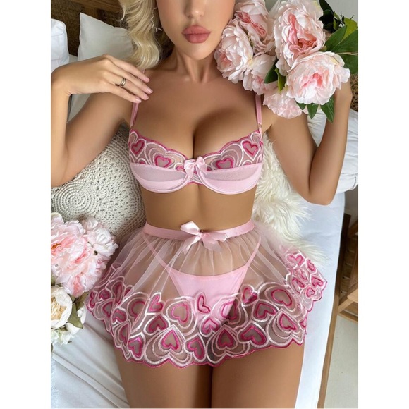 ❤️ NEW Heart Embroidery Mesh Underwire Lingerie Set - Picture 5 of 7